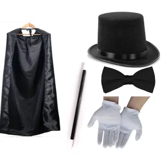 Conjunto Fantasia Adulto Mágico Luva Varinha Capa Cartola 5pçs - Luvas Brancas