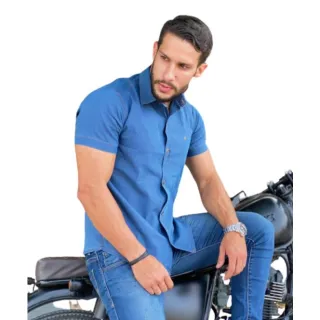Pronta entrega! Camisa masculina manga curta slim fit jeans com elastano - jeans escura luxo.