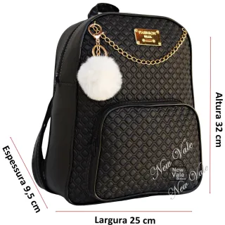 Mochila Feminina Fashion com Lindo Detalhe e Chaveiro Pompom - Compre Online na Raryel - 67 Azul Bebe Pompom