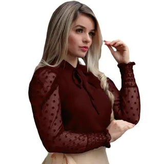 Blusa Social Feminina Manga Longa Evangelica Linda Tule Crepe - Preto