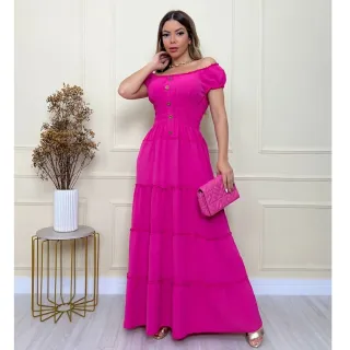 Vestido Longo Feminino com Estilo Ciganinha, Botões e Lastex na Cintura - Moda Verão - Azul Bebê