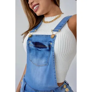 Macacão Liso Feminino Cintura Alta em Jeans com Elastano - 40