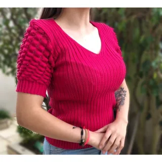Blusa Manga Curta Feminina Tricô Gola V Trabalhada - Fúcsia