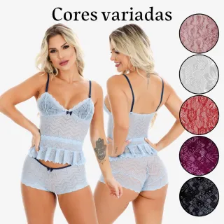 Atacado Baby Doll Feminino de Renda - Pijama Sexy Short Doll - Azul Marinho