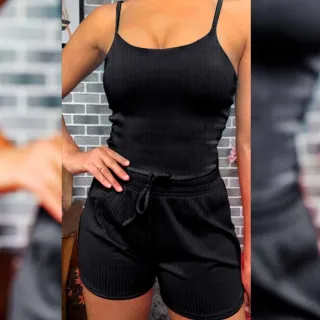 Conjunto Short Canelado + Blusa Regata Alcinha - Preto