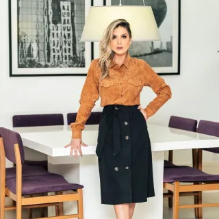 Moda feminina evangélica: Saia Midi em Linho, Cintura Alta com Cinto - Azul Marinho