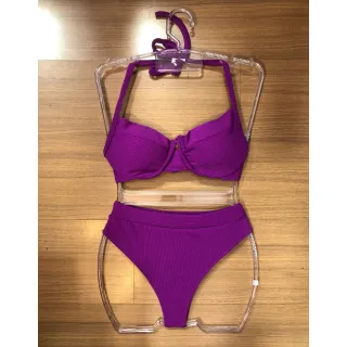 Moda Praia Verão Biquini Canelado Meia Com Bojo Cintura Alta - Verde água