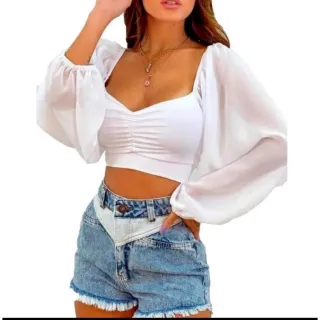 Juliete Cropeed Manga Bufante Moda Blogueira Com Bojo - Preto