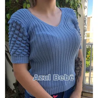 Blusa Manga Curta Feminina Tricô Gola V Trabalhada - Fúcsia