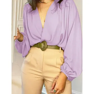 Blusa Solta Manga Longa Cropped Feminina Decote Bufante - Azul-Royal