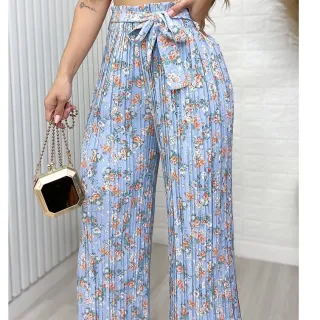 Moda Feminina: Calça Plissada Floral Pantalona com Cinto Amarrada - Preto