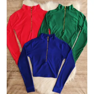 Blusa Manga Longa Cropped com Gola Alta e Zíper - Inverno - Fúcsia