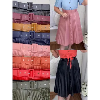 Evangélica Midi Saia Plissada Cirre com Cinto Botão Social - Rose