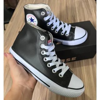 Tênis de Couro Cano Alto Star Preto Branco - Branco Couro