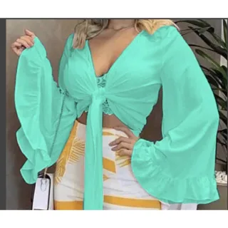 Roupa Feminina Cropped Blusa Manga Flare Babado - Fúcsia