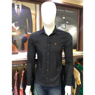 Camisa Elastano Manga Longa Jeans Preta e Azul - Azul Marinho