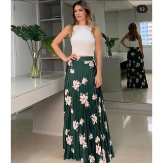 Saia Evangélica Longa Plissada Alta Cintura Flor-023 - Branco