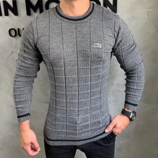 Suéter manga longa masculina com detalhes na gola e mangas - Azul marinho/c cinza