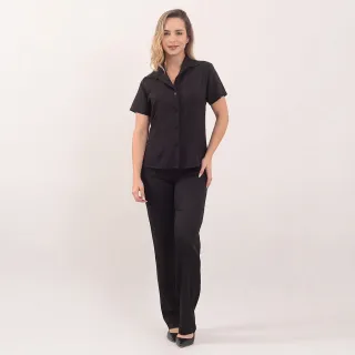 Camisa social feminina manga curta preta e branca, gabardine passa fácil - COR PRETA  TAMANHO P