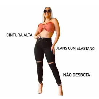 Moda feminina: Calça jeans preta cintura alta, detalhe rasgado nos joelhos - 40