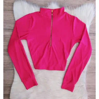 Blusa Manga Longa Cropped com Gola Alta e Zíper - Inverno - Fúcsia