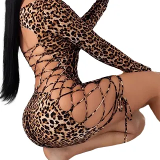 Estampa de Leopardo Vestido Curto Slim com Manga Comprida - Impressão de leopardo-S