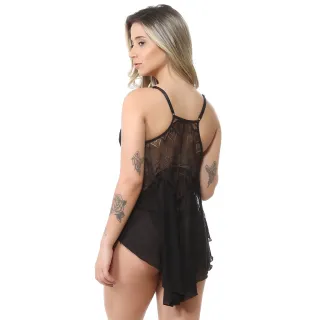 Pijama Feminino Sensual Renda Luxo Camisola Preta Tule Bojo - Desconto Online - Preto