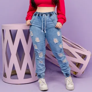 Cintura Alta Calça Jeans Jogger Feminina - Blogueira - jeans escuro jogger