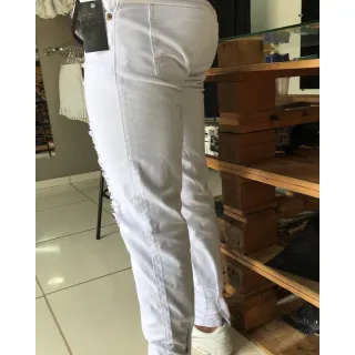Calça Slim Elastano Premium Rasgada Branca Destroyed Desfiada - 38