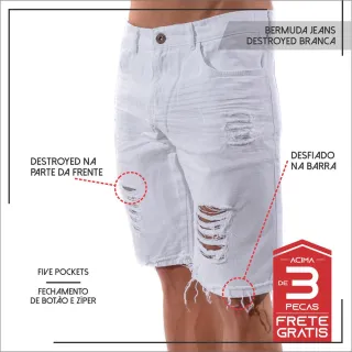 Promoção Bermuda Jeans Masculina Claro Rasgado Desfiado Branca - 40