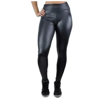 Legging Brilho Molhado Cintura Alta Couro Lycra - Preto