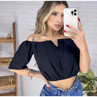 Moda Envio! Blusa Feminina Cropped Decote V Tendências Blogueira - Preto