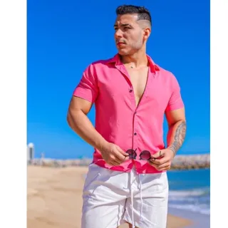 Camisa Slim Manga Botão Masculina - Rosa Chiclete