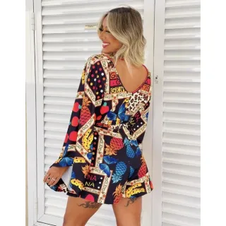 Moda blogueira: Macaquinho feminino estampado manga longa tucano abacaxi - 01