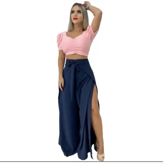 Cós Alta Calça Pantalona Feminina Envelope Viscolinho Fendas Laterais - Rosa