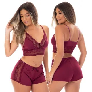 Moda Feminina Luxo Pijama Sexy Renda Noite Doll Baby Top | 832 - Vinho