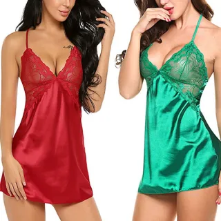 Pijamas Sensuais Femininos de Seda Satin Sleepwear Roupa Íntima Sexy - Vermelho