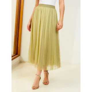 Moda Verão Saia Feminina Forrada de Tule Midi com Brilho - 3RD SD044 - Creme