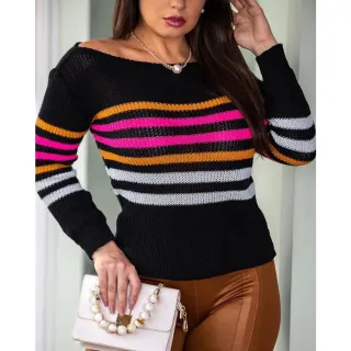 Moda Blogueira: Blusa Feminina Tricot Ciganinha 4 Cores - Chumbo c/ Listras Variadas