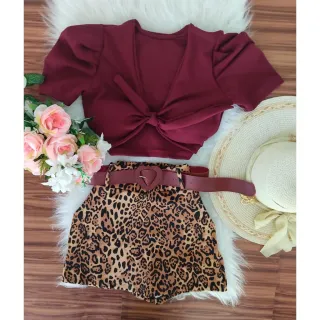 Top com Manga e Conjunto Feminino Short Saia - Bordô