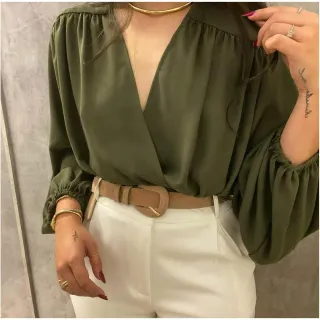 Blusa Solta Manga Longa Cropped Feminina Decote Bufante - Azul-Royal