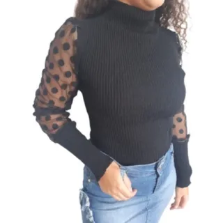 Blusa Tricô Manga Longa Gola Alta Tule Poá - Branco/Off