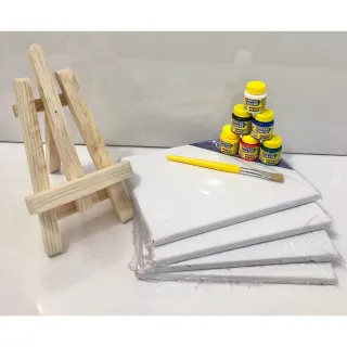 Mini Cavalete + Kit Pintura 4Telas: 16X22, 6 Tintas e Pincel - Único