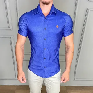 Camisa Jeans Masculina Manga Curta + Camisa Social Slim Manga Curta - Jeans Claro+Viscolinho Preta