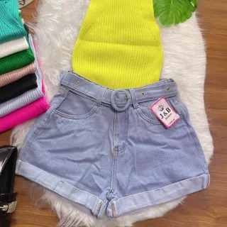 Shorts Jeans Mom Redonda Fivela Acompanha Cinto - Lançamento 2022 - Jeans marmorizado