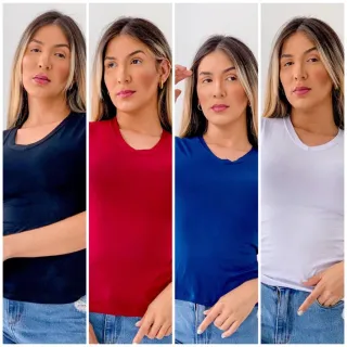 Manga Curta Gola V Kit 4 Blusas Femininas - BRANCO/ROSE/VINHO/PINK