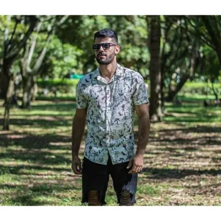 Verão Masculina Social Estampada Camisa - Listrada Vermelha