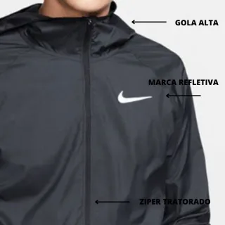 Esportes Corta Vento Impermeável Gola Alta Semi Forrada Corrida - Preto