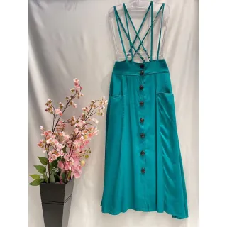 Saia com suspensório midi YY8215 - Botões, bolsos e reguláveis - Verde