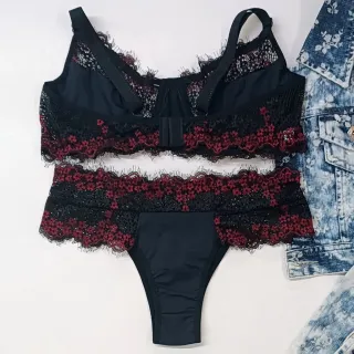 Conjunto Bicolor Plus Size 565 - Lingerie de Renda Tamanho Especial - Lilas/Verde